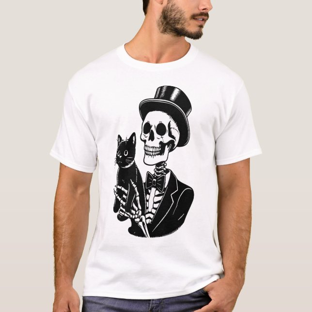 Skeleton holding a Cat T-Shirt (Front)