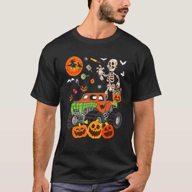 Skeleton Holding Candy Basket Pumpkin On Monster T T-Shirt (Front)