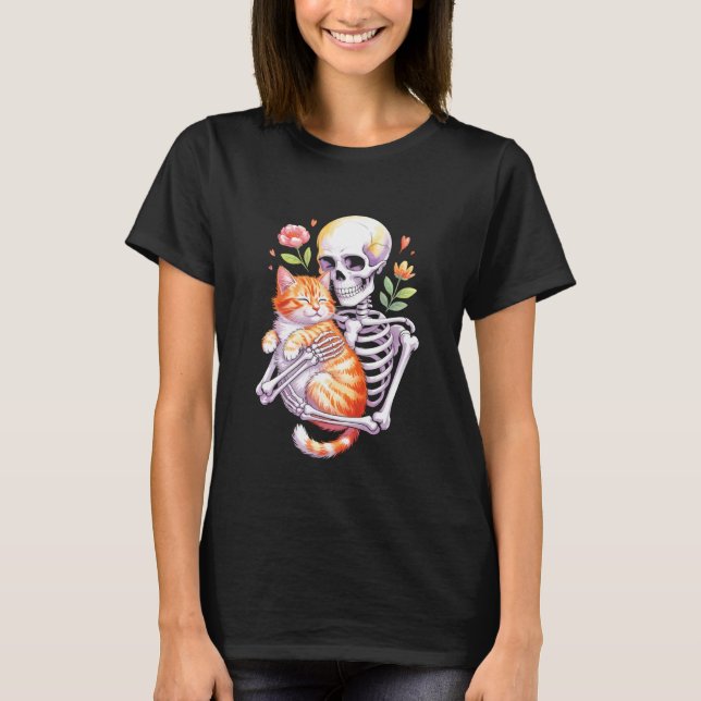 Skeleton Holding Cat Flowers T-Shirt (Front)