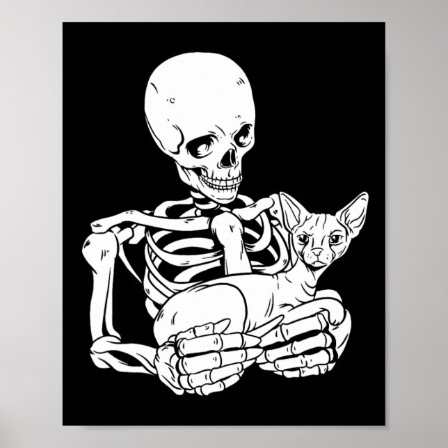 Skeleton Holding Cat Funny Halloween Skull Sphynx  Poster (Front)
