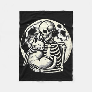 Skeleton Holding Cat Spooky Skull Halloween Gothic Fleece Blanket