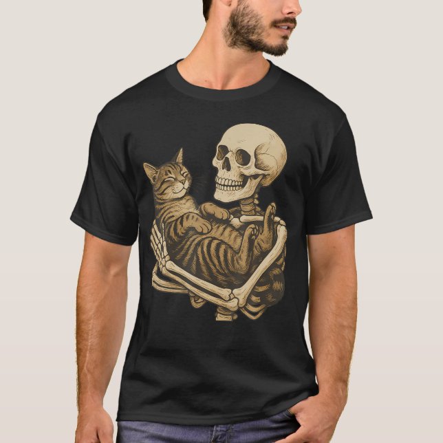 Skeleton Holding Cat T-Shirt (Front)