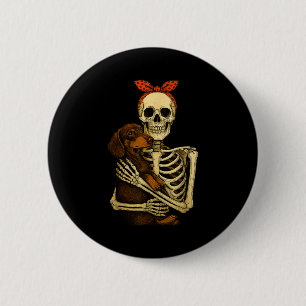 Skeleton Holding Dachshund Dog Funny Lazy Hallowee 2 Inch Round Button