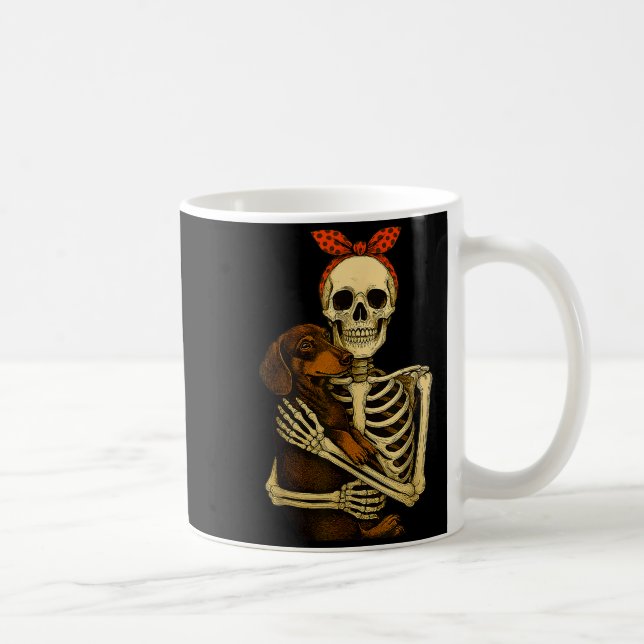Skeleton Holding Dachshund Dog Funny Lazy Hallowee Coffee Mug (Right)
