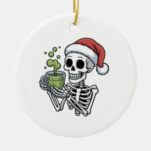 Skeleton Holding Matcha Drink Wearing Santa Hat Ceramic Ornament
