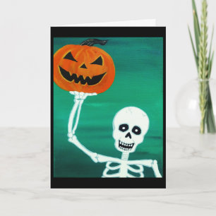 Skeleton holding Pumpkin Halloween Greeting Card
