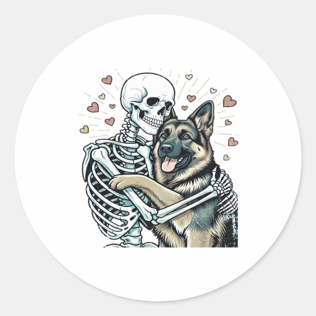 Skeleton Hugging a German Shepherd � Unique Gothic Classic Round Sticker (Front)