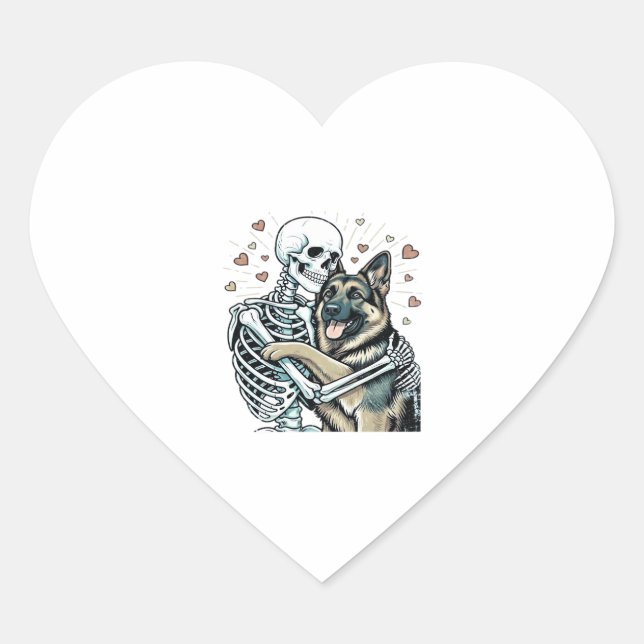 Skeleton Hugging a German Shepherd � Unique Gothic Heart Sticker (Front)