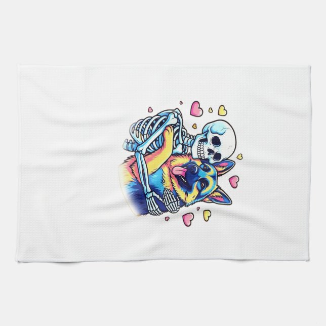 Skeleton Hugging a German Shepherd � Unique Gothic Kitchen Towel (Horizontal)
