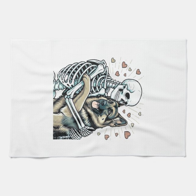 Skeleton Hugging a German Shepherd � Unique Gothic Kitchen Towel (Horizontal)