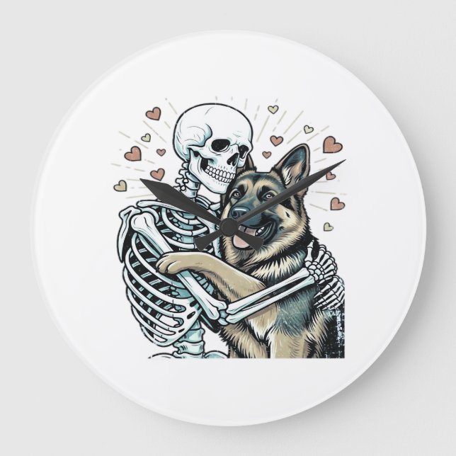 Skeleton Hugging a German Shepherd � Unique Gothic Large Clock (Front)