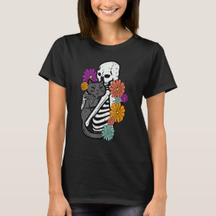 Skeleton Hugging Black Cat Flowers Halloween Women T-Shirt