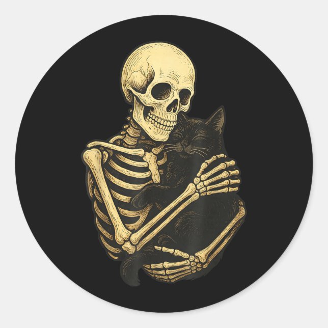 Skeleton Hugging Black Cat Funny Halloween Classic Round Sticker (Front)