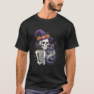 Skeleton Hugging Black Cat Halloween Cat Mom T-Shirt