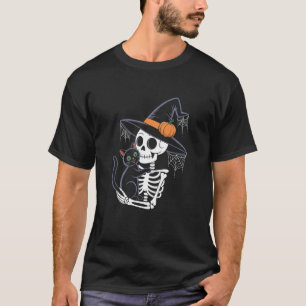 Skeleton Hugging Black Cat Halloween Cat Mom T-Shirt