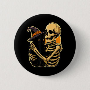 Skeleton Hugging Black Cat Halloween Cute Witch 2 Inch Round Button