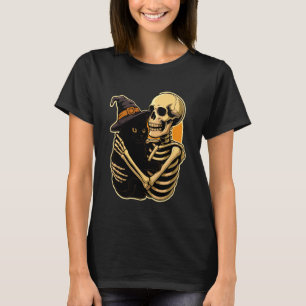 Skeleton Hugging Black Cat Halloween Cute Witch Ca T-Shirt