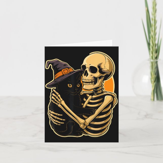 Skeleton Hugging Black Cat Halloween Cute Witch Card (Front)