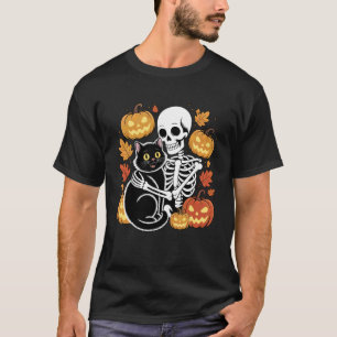 Skeleton Hugging Black Cat Halloween Funny Cat Lov T-Shirt