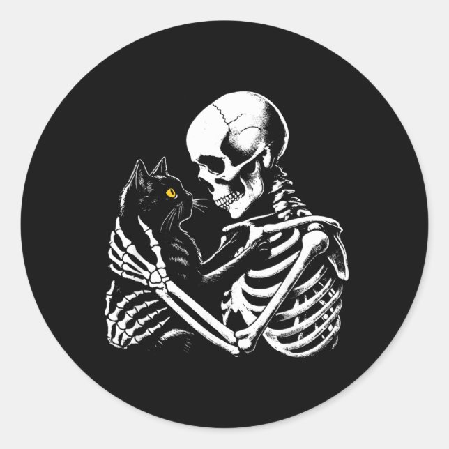 Skeleton Hugging Black Cat Halloween Gothic Design Classic Round Sticker (Front)