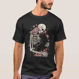 Skeleton Hugging Black Cat Retro Floral Halloween T-Shirt
