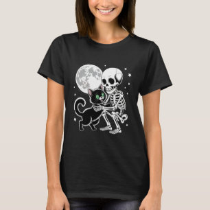 Skeleton Hugging Black Cat Under Full Moon Hallowe T-Shirt