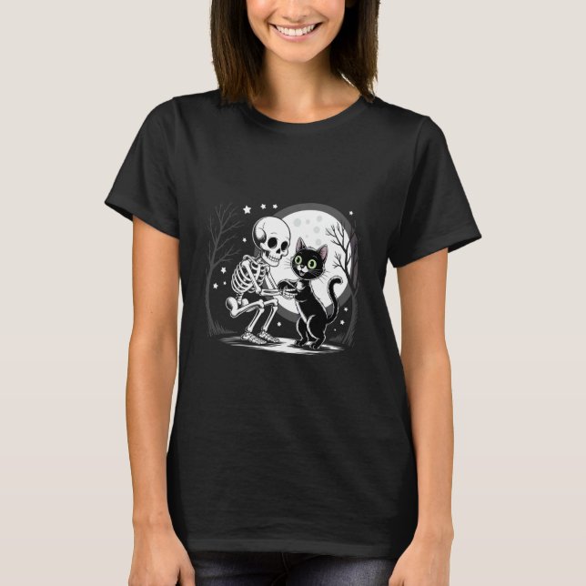 Skeleton Hugging Black Cat Under Full Moon Hallowe T-Shirt (Front)