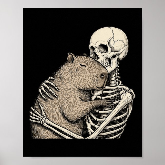 Skeleton Hugging Capyra Halloween Capy Lover Spook Poster (Front)
