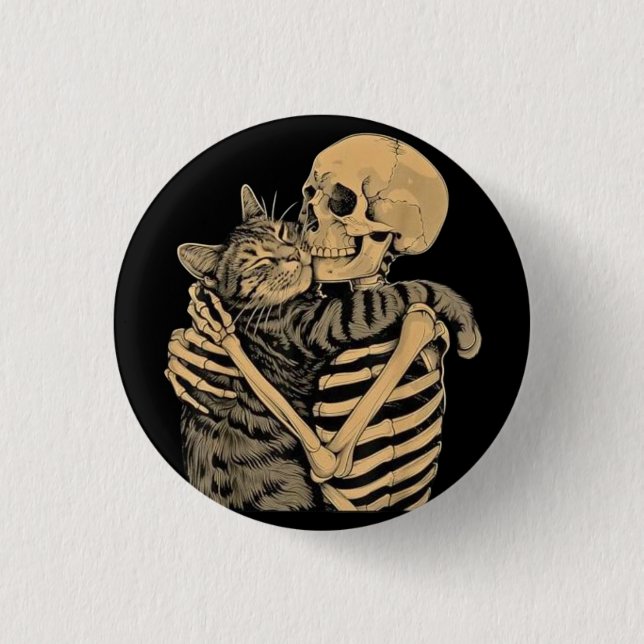  Skeleton Hugging Cat – Cute Gothic Cat Lover Gift 1 Inch Round Button (Front)