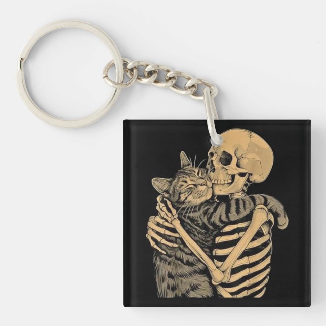  Skeleton Hugging Cat – Cute Gothic Cat Lover Gift Keychain (Front)