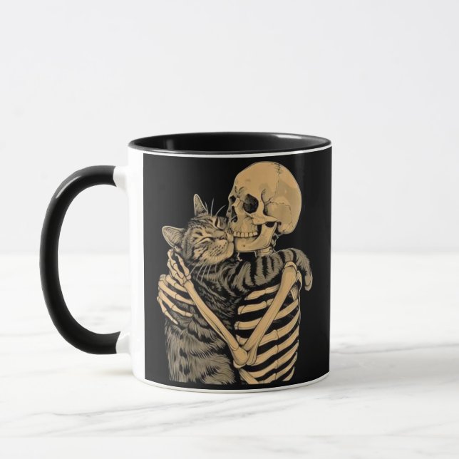  Skeleton Hugging Cat – Cute Gothic Cat Lover Gift Mug (Left)