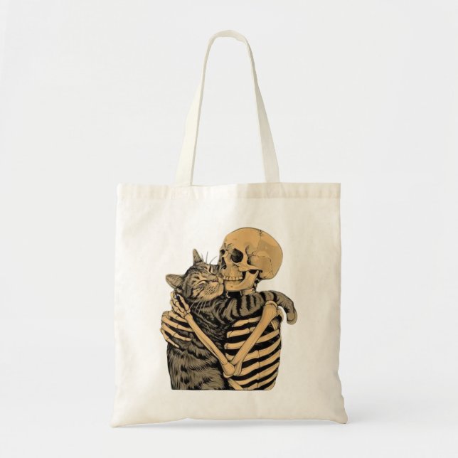  Skeleton Hugging Cat – Cute Gothic Cat Lover Gift Tote Bag (Front)