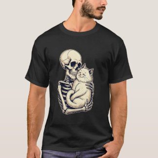Skeleton Hugging Cat Cute Halloween Cat Lover Kitt T-Shirt
