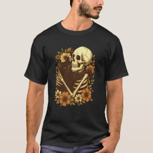 Skeleton Hugging Cat Floral Halloween Black Cat Lo T-Shirt