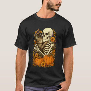 Skeleton Hugging Cat Floral Halloween Cat Lover Ca T-Shirt