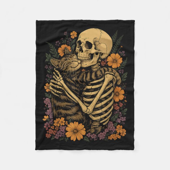 Skeleton Hugging Cat Floral Halloween Cats Lover  Fleece Blanket (Front)
