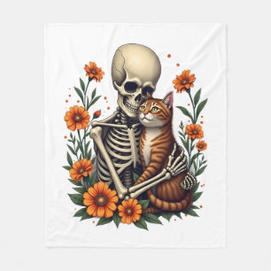 Skeleton Hugging Cat Floral Halloween Cats Lover Fleece Blanket