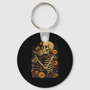 Skeleton Hugging Cat Floral Halloween Cats Lover Keychain