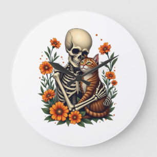 Skeleton Hugging Cat Floral Halloween Cats Lover Large Clock