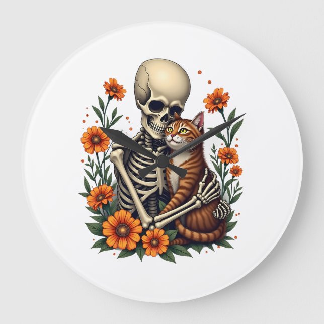 Skeleton Hugging Cat Floral Halloween Cats Lover Large Clock (Front)