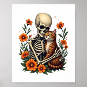 Skeleton Hugging Cat Floral Halloween Cats Lover Poster