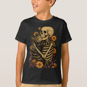 Skeleton Hugging Cat Floral Halloween Cats Lover T-Shirt
