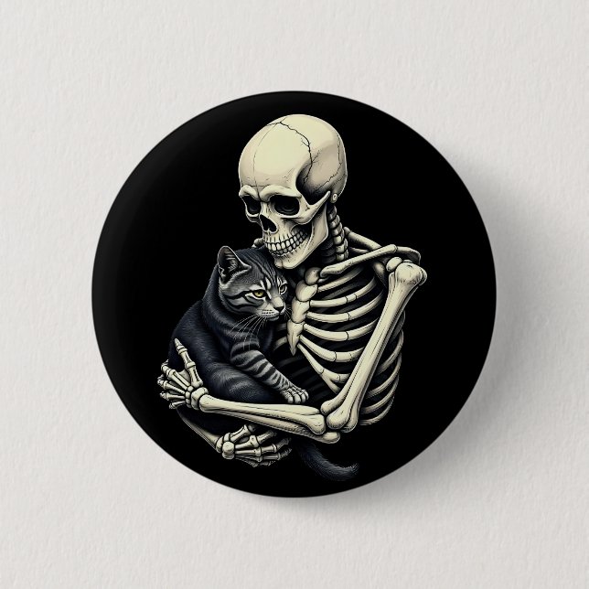 Skeleton Hugging Cat Funny Halloween Cat Lover 2 Inch Round Button (Front)