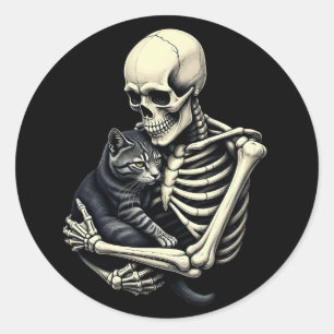 Skeleton Hugging Cat Funny Halloween Cat Lover Classic Round Sticker