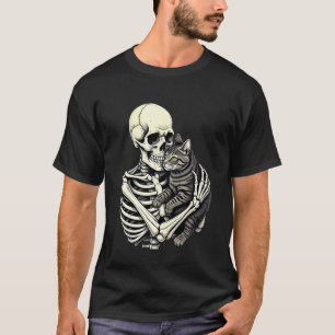 Skeleton Hugging Cat Funny Halloween Cat Lover T-Shirt