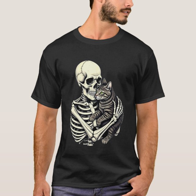 Skeleton Hugging Cat Funny Halloween Cat Lover T-Shirt (Front)