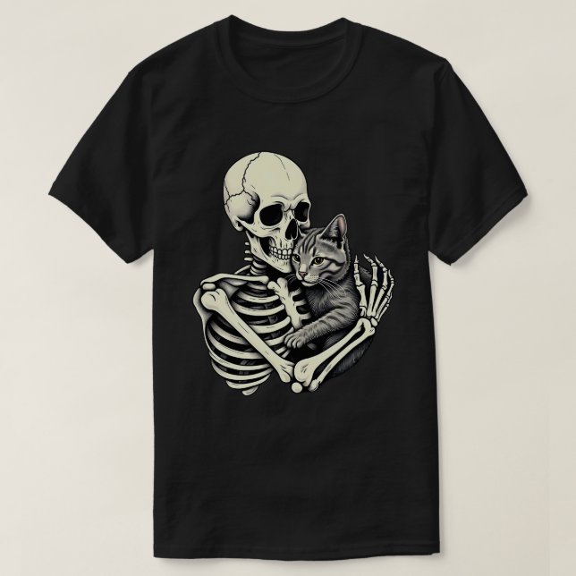 Skeleton Hugging Cat Funny Halloween Cat Lover T-Shirt (Design Front)