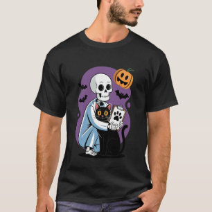 Skeleton Hugging Cat Funny Vet Cat Lover Halloween T-Shirt