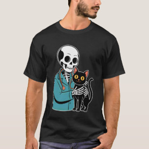 Skeleton Hugging Cat Funny Vet Cat Lover Halloween T-Shirt
