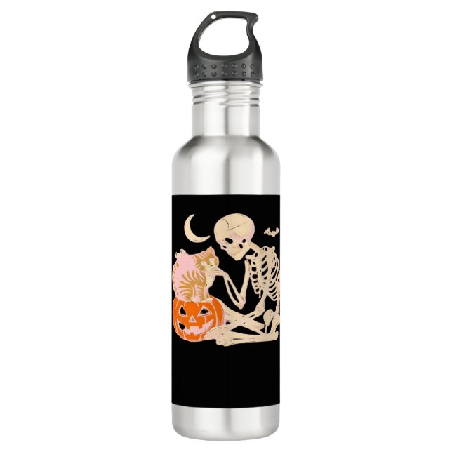 Skeleton Hugging Cat Halloween Cat Lover Cat Class 710 Ml Water Bottle (Front)